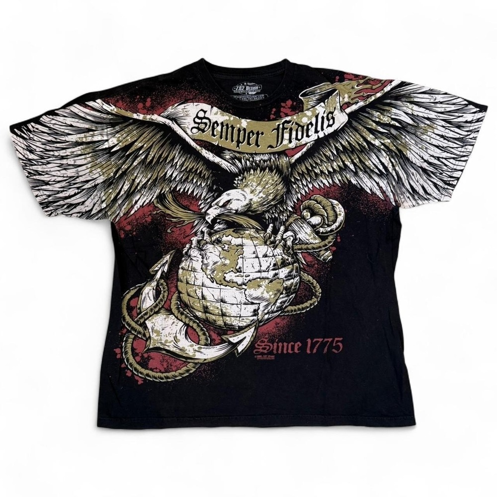 7.62 Design AOP Graphic Tee Men's Size XL Streetwear Grunge Military Shirt Y2K